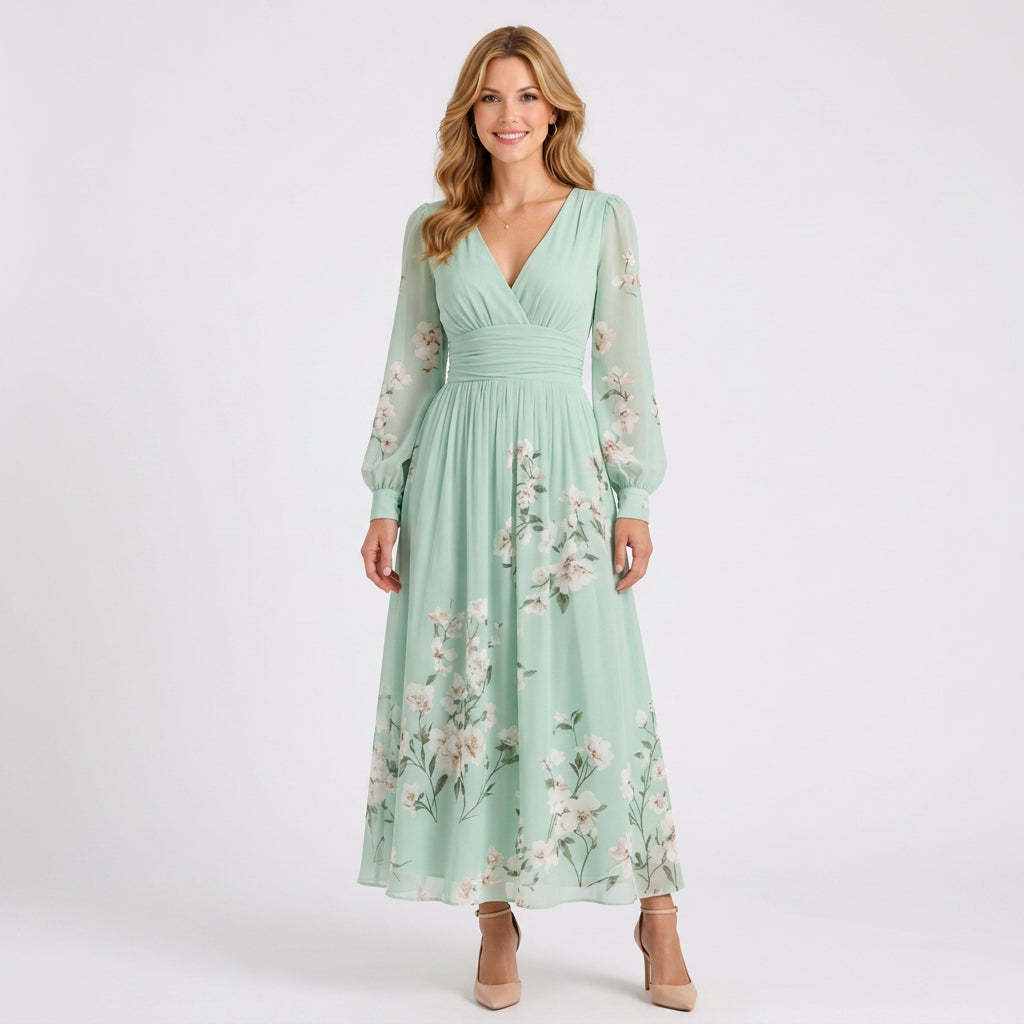 Floral Pleated Empire Waist Maxi Dress