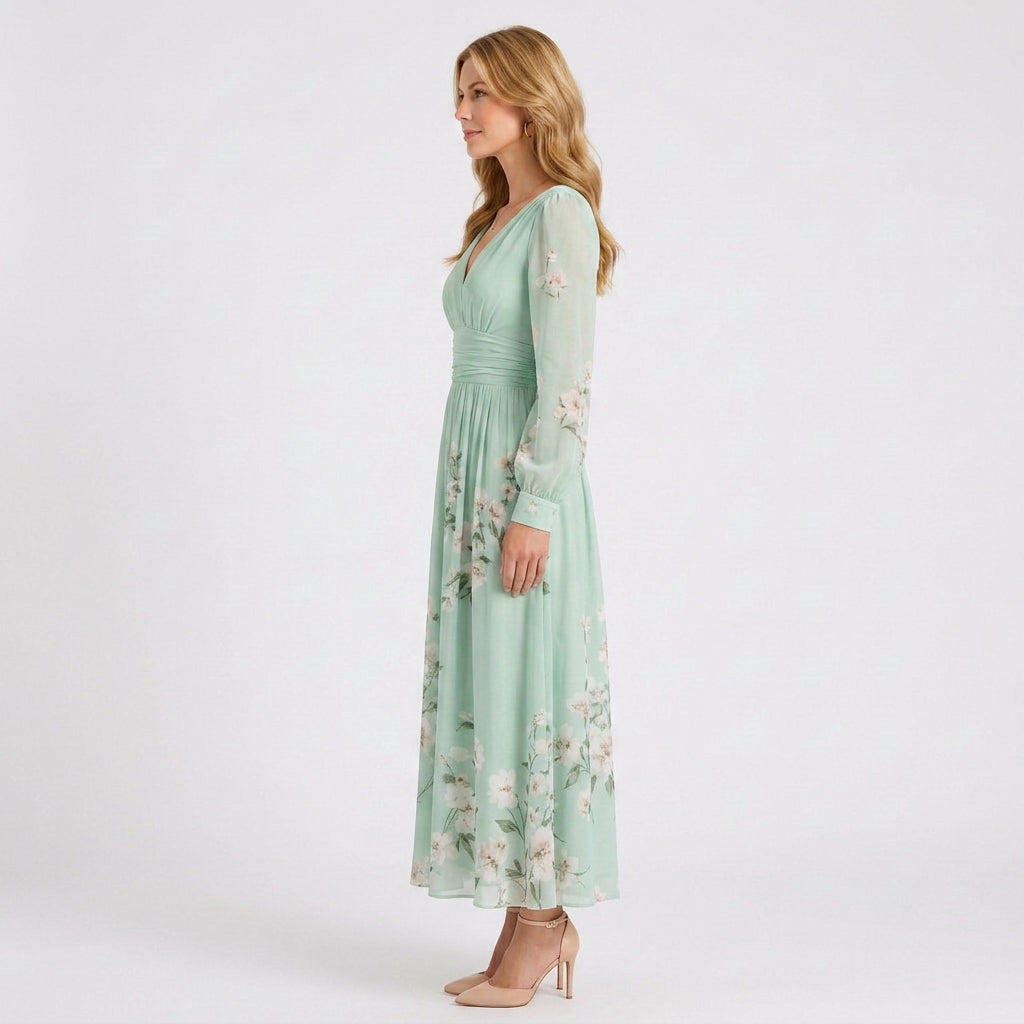 Floral Pleated Empire Waist Maxi Dress