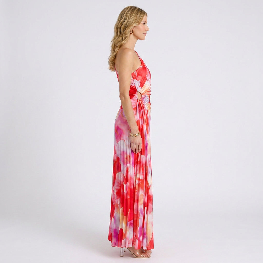 Dress – One Shoulder Floral Pleated Maxi Dress