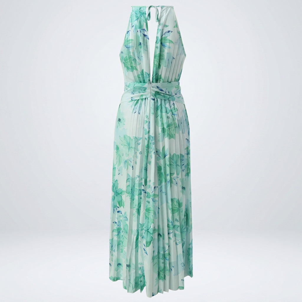 Pleated Floral Halterneck Midi Dress