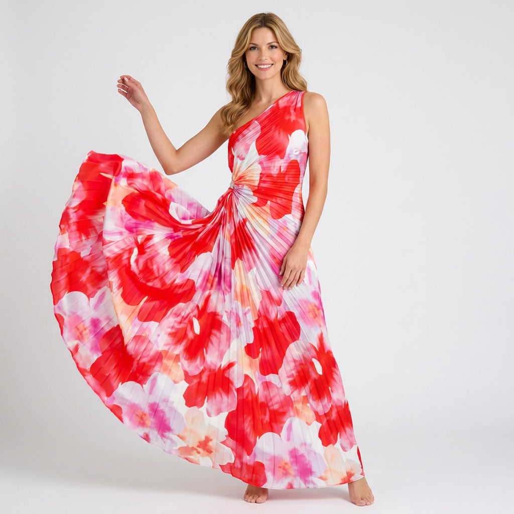 Dress – One Shoulder Floral Pleated Maxi Dress