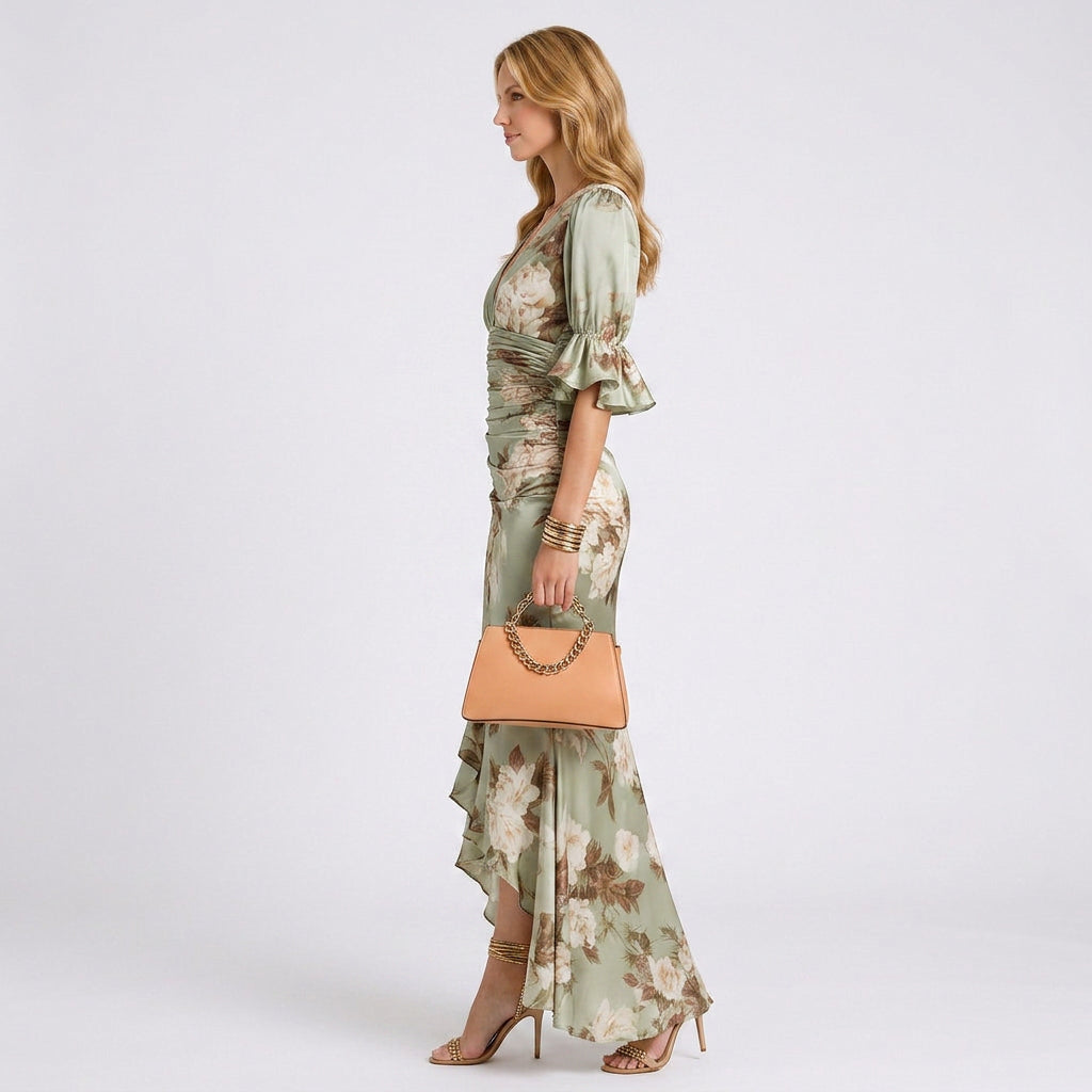 Dress – Floral Ruched Ruffle Maxi Dress