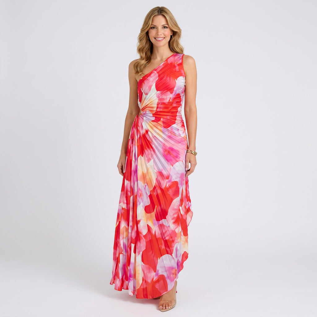 Dress – One Shoulder Floral Pleated Maxi Dress