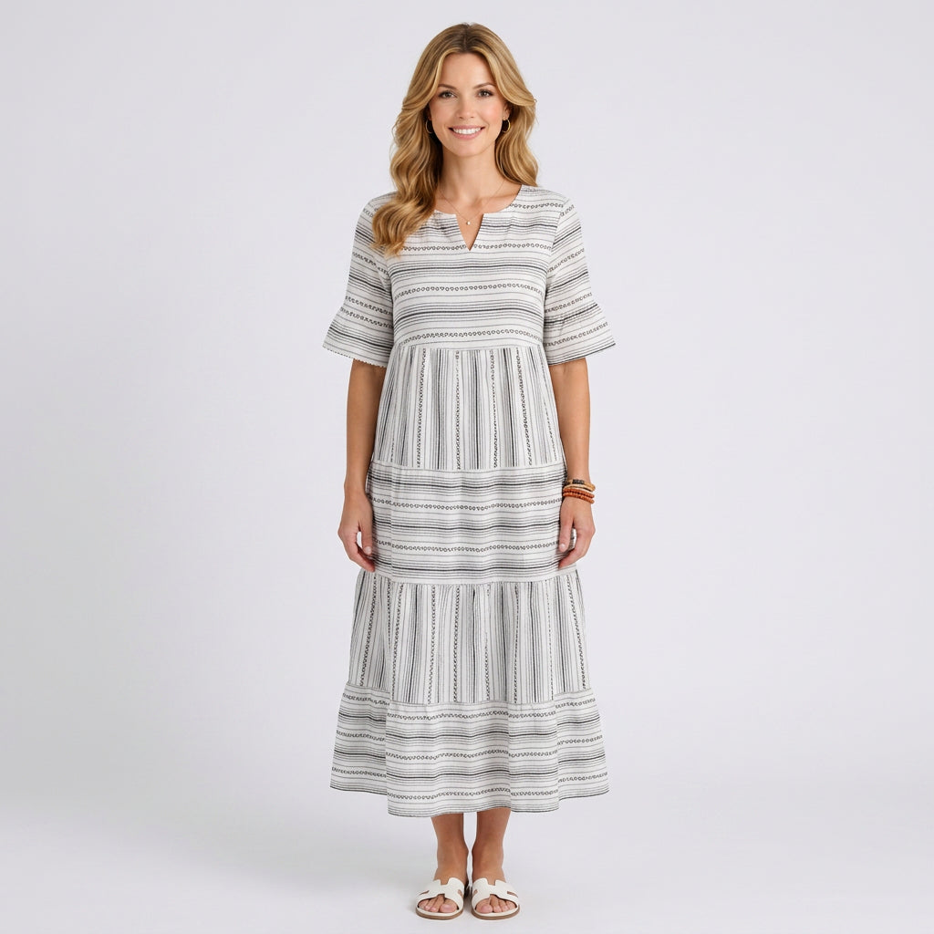 Tiered Stripe Cotton Midi Dress