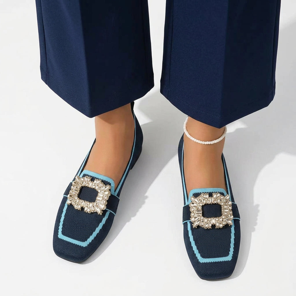 Crystal Buckle Square-Toe Ballet Flats