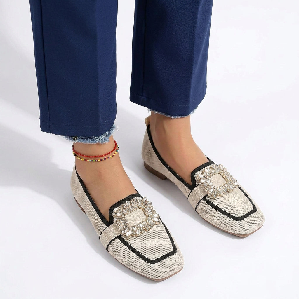 Crystal Buckle Square-Toe Ballet Flats