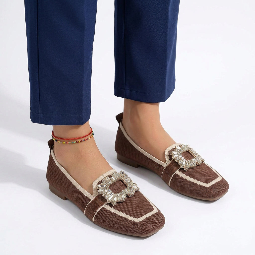 Crystal Buckle Square-Toe Ballet Flats