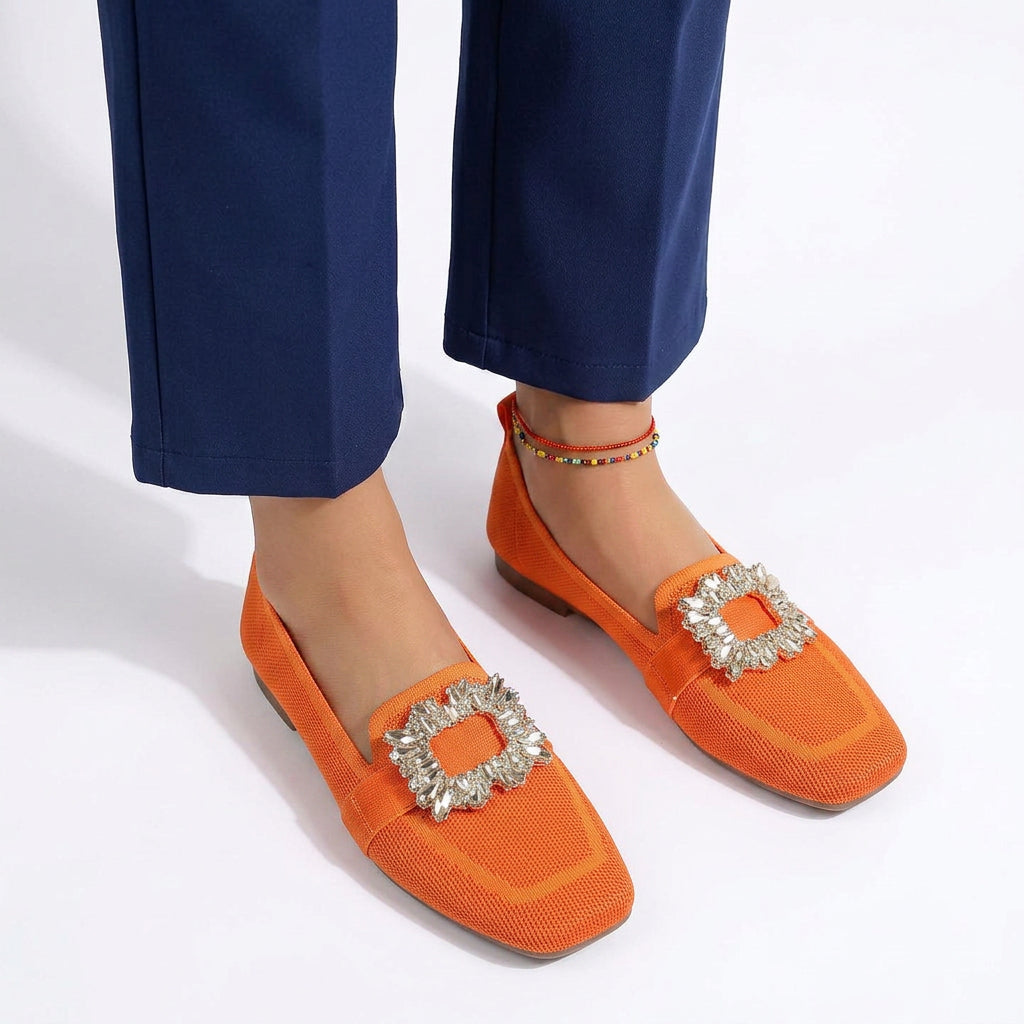 Crystal Buckle Square-Toe Ballet Flats