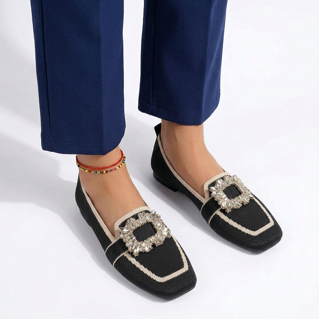 Crystal Buckle Square-Toe Ballet Flats