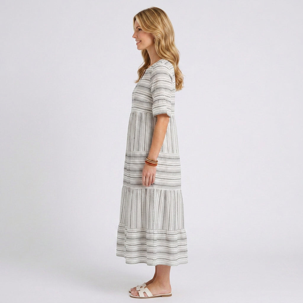 Tiered Stripe Cotton Midi Dress
