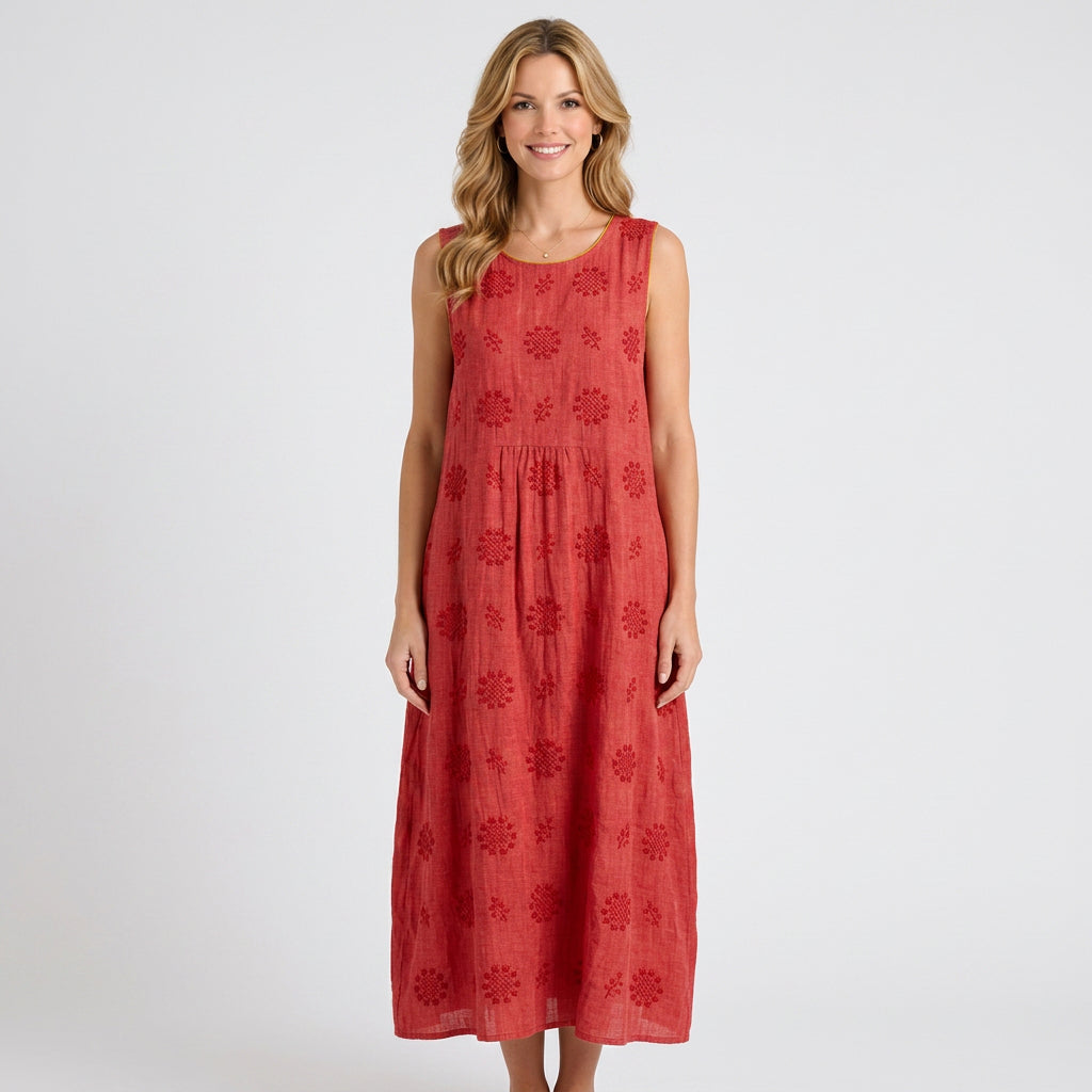 Embroidered Sleeveless Midi Dress