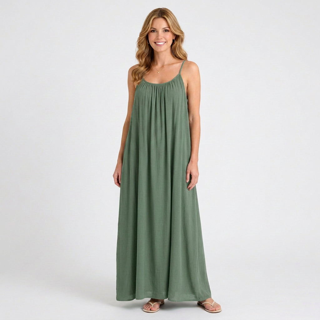 Gathered Neck Sleeveless Maxi Dress