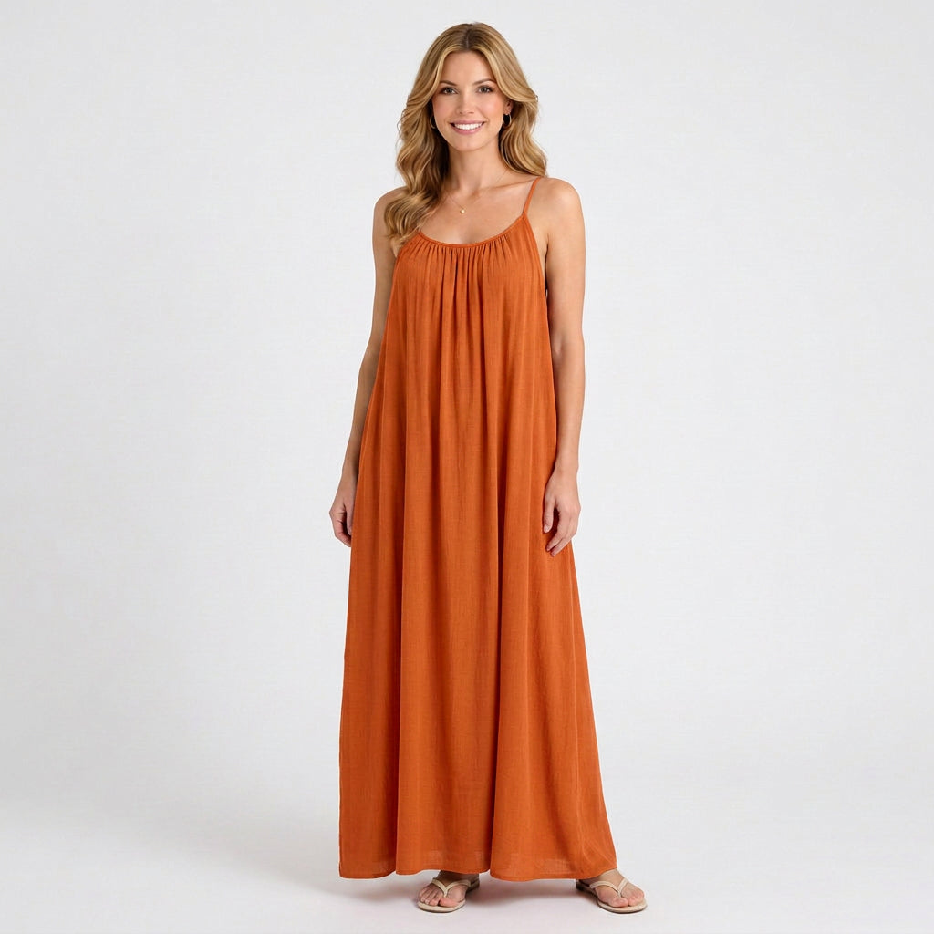 Gathered Neck Sleeveless Maxi Dress