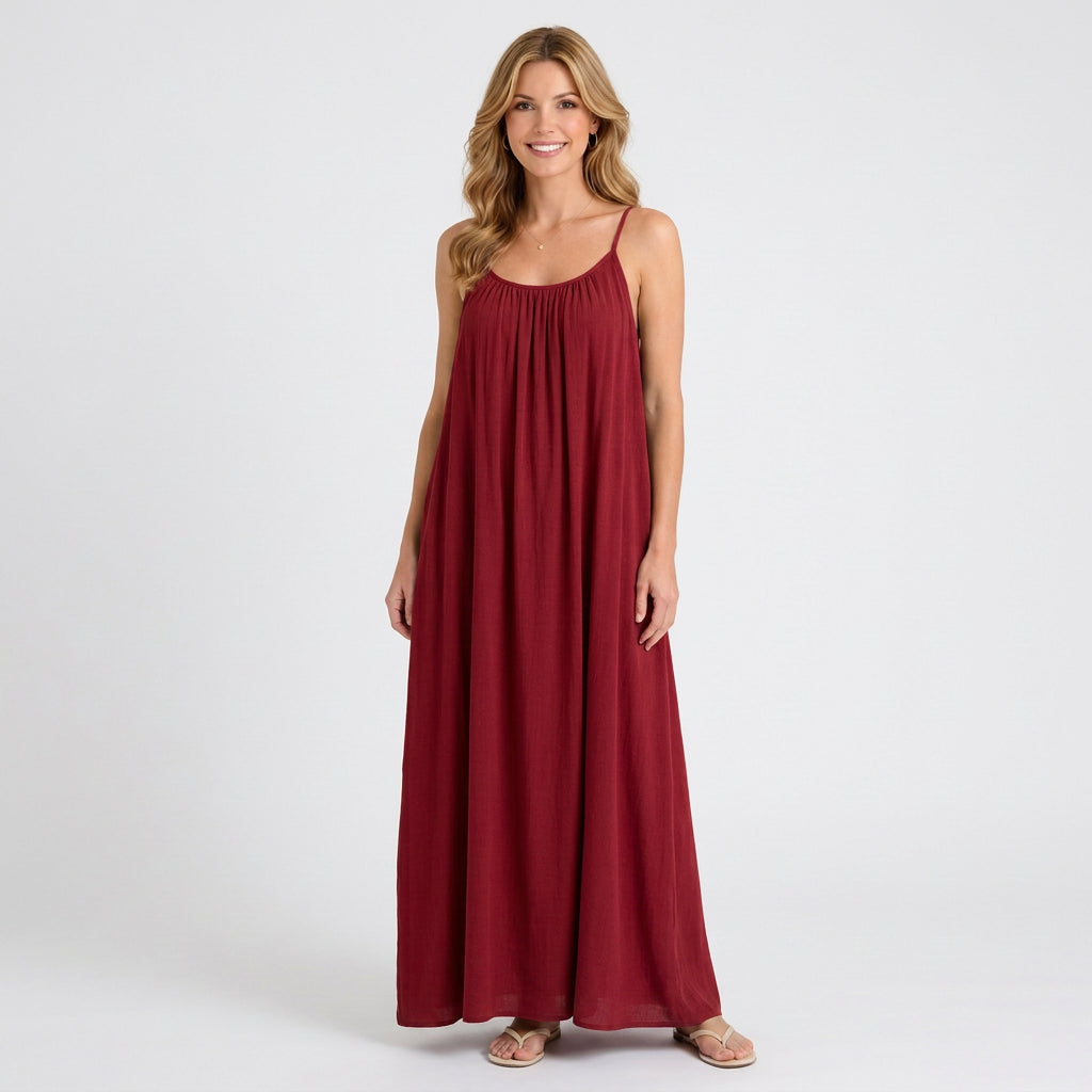 Gathered Neck Sleeveless Maxi Dress
