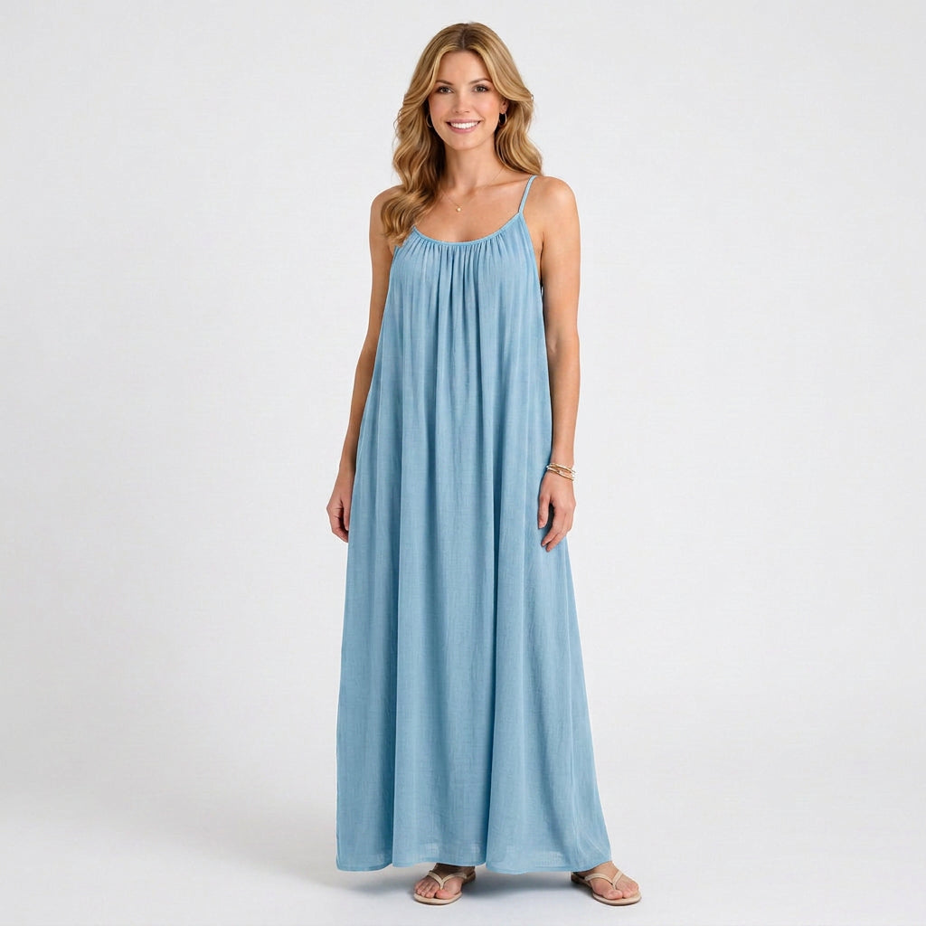 Gathered Neck Sleeveless Maxi Dress