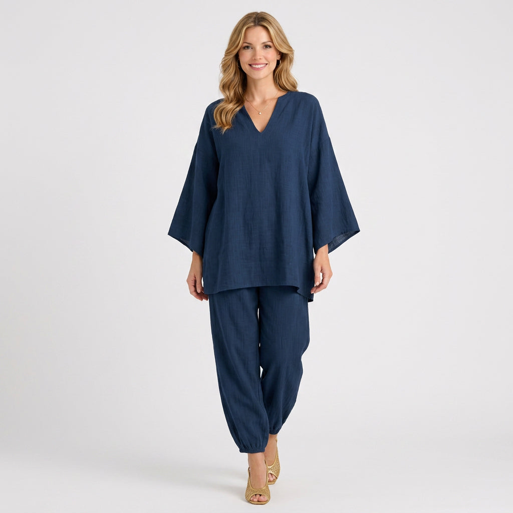 Linen Blend Relaxed Tunic and Jogger Set
