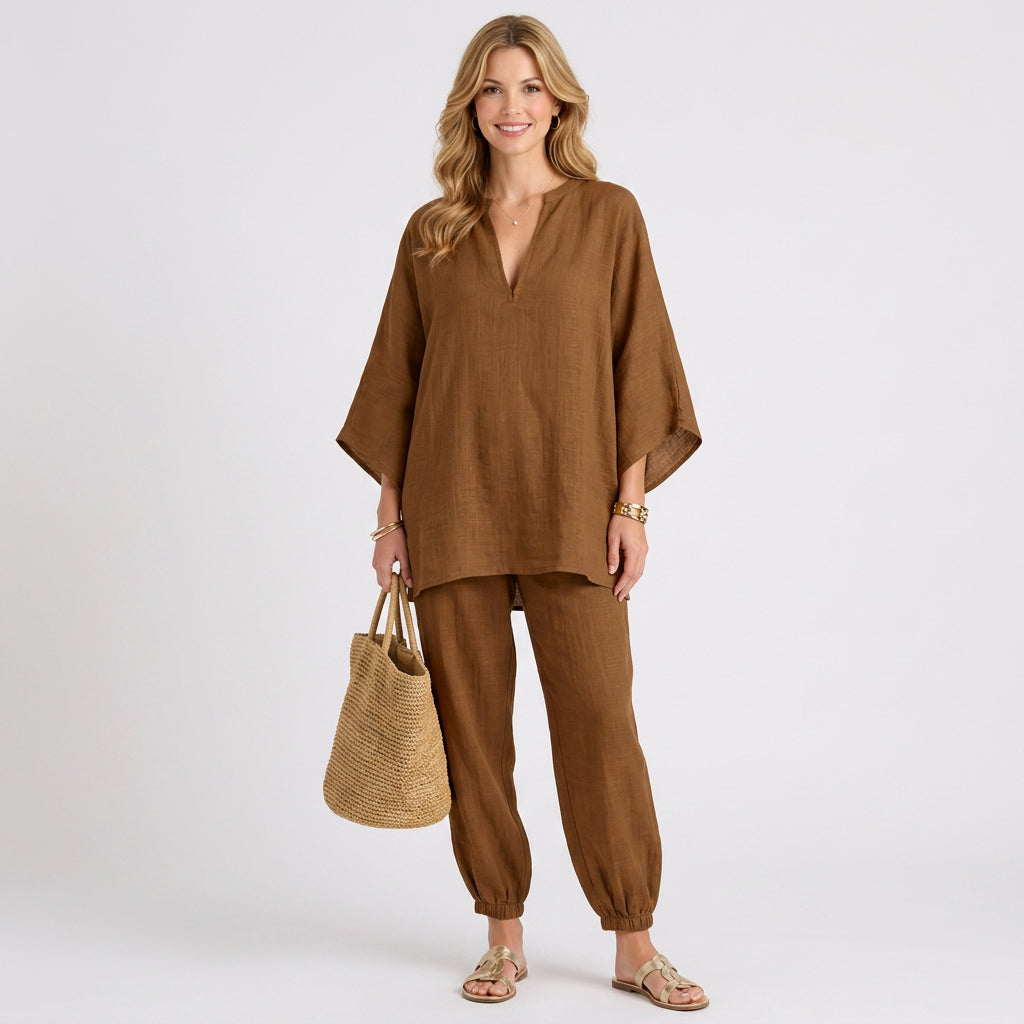 Linen Blend Relaxed Tunic and Jogger Set