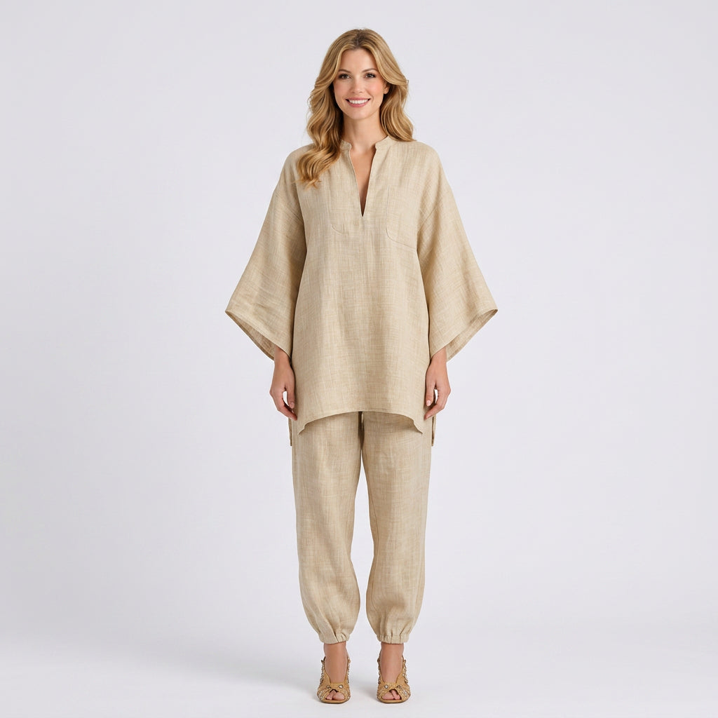 Linen Blend Relaxed Tunic and Jogger Set