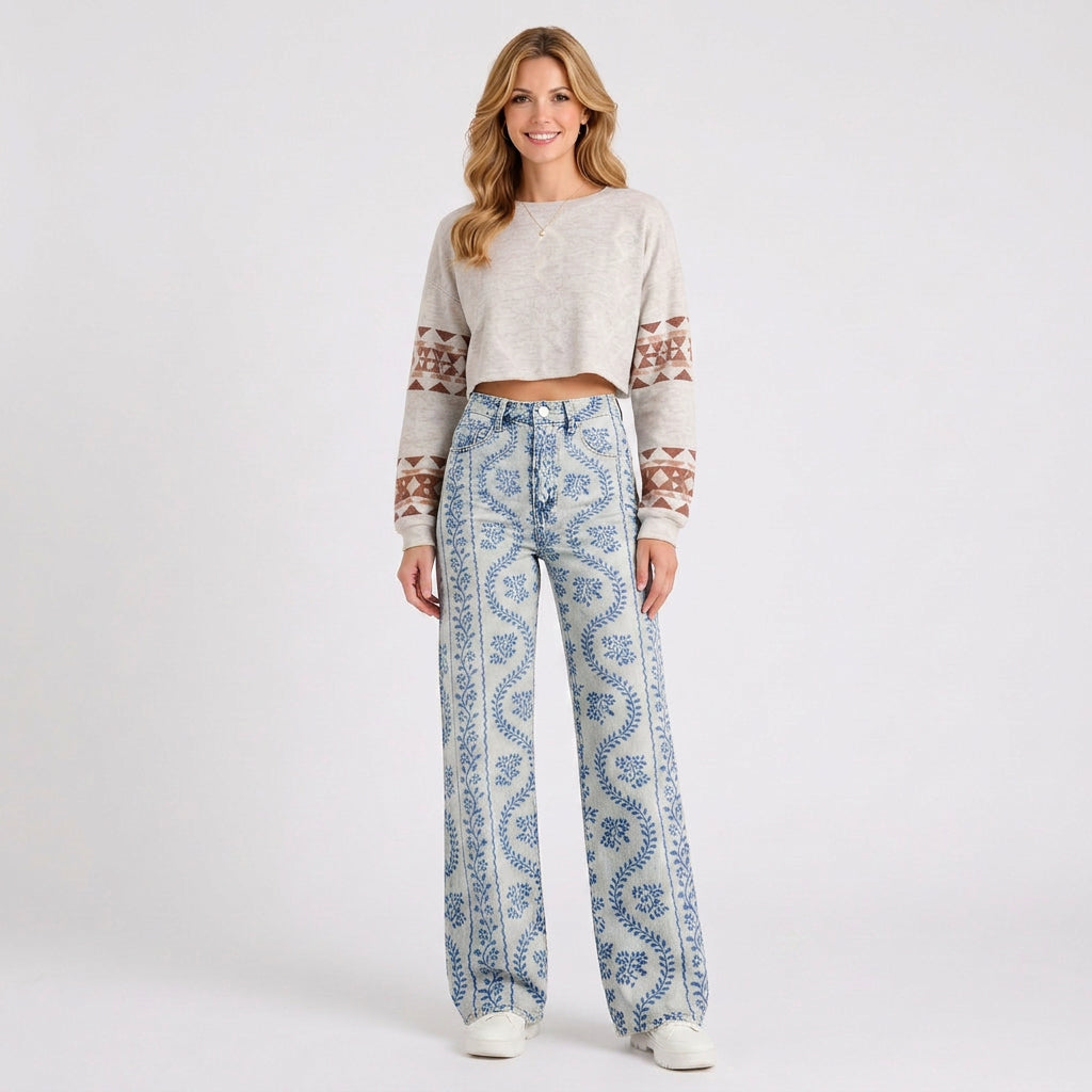 Retro Floral Wide Leg Jeans