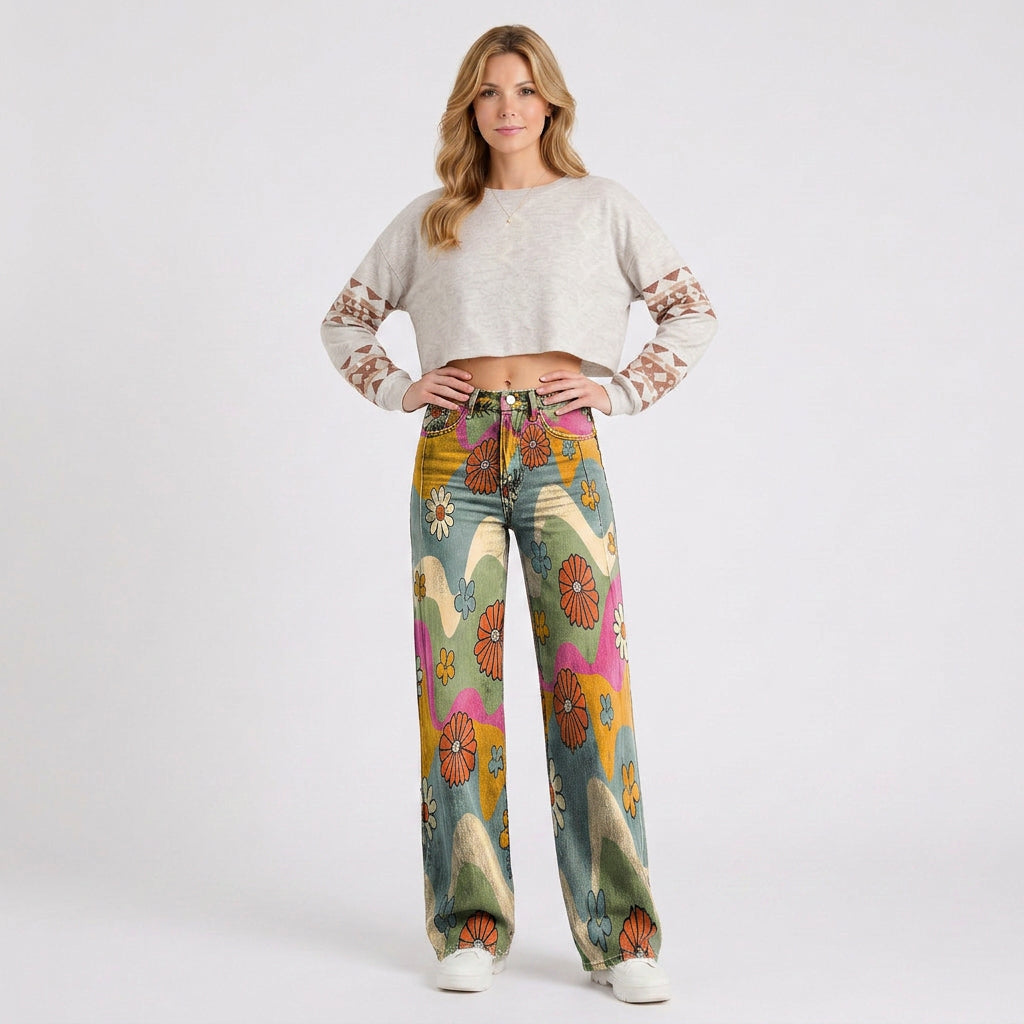 Retro Floral Wide Leg Jeans