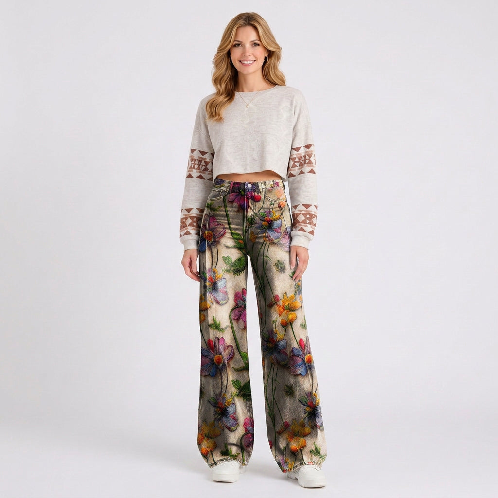 Retro Floral Wide Leg Jeans