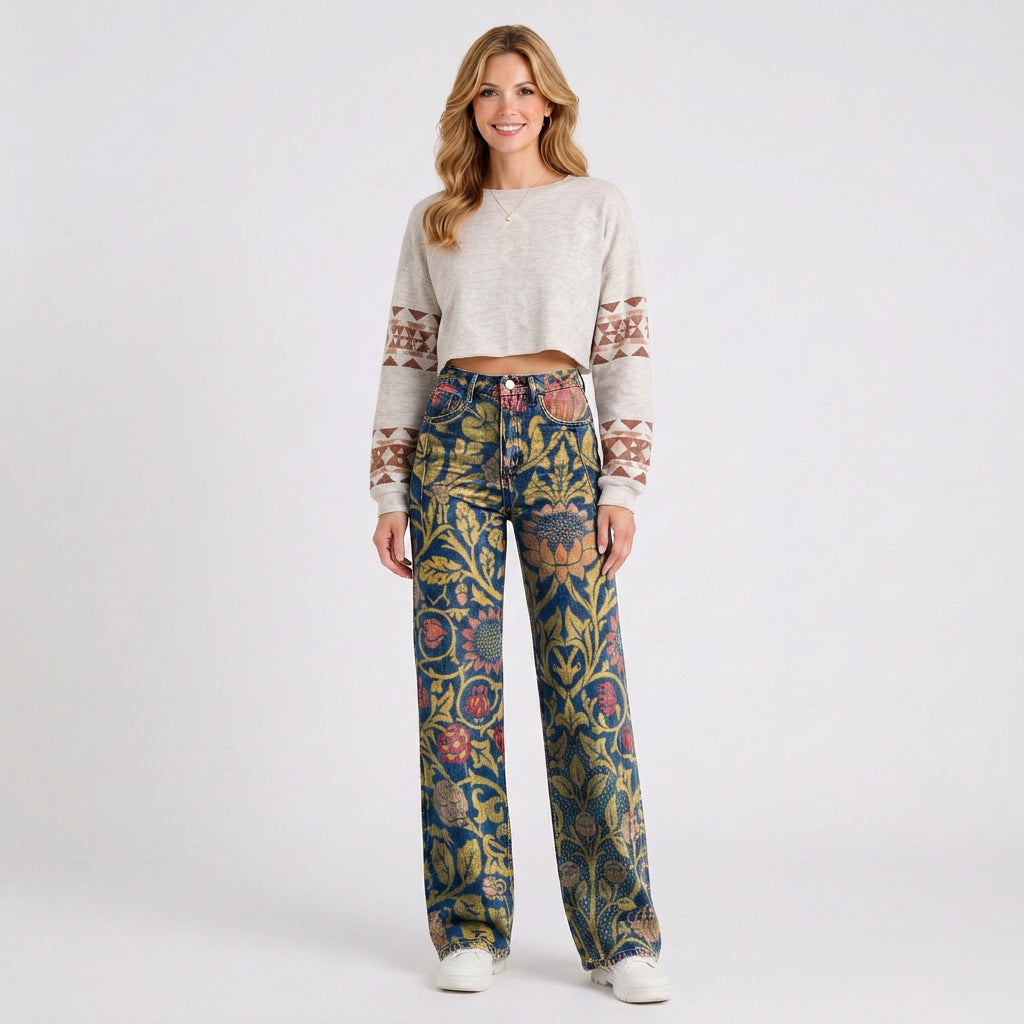 Retro Floral Wide Leg Jeans