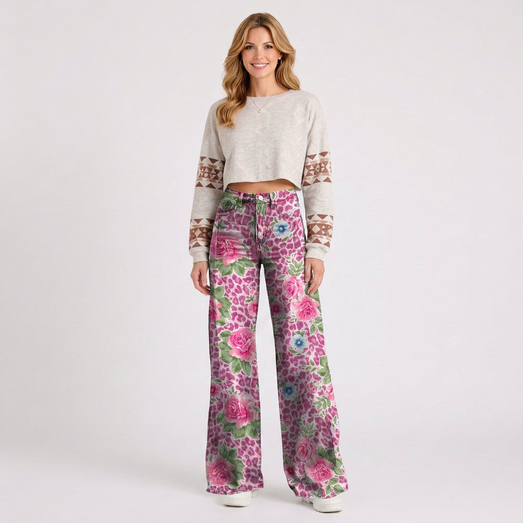 Retro Floral Wide Leg Jeans