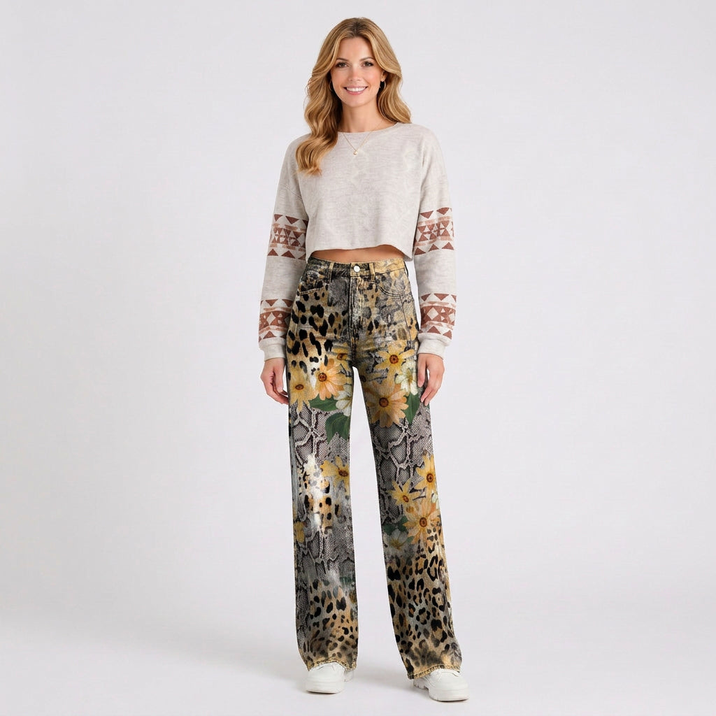 Retro Floral Wide Leg Jeans