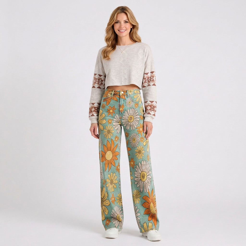 Retro Floral Wide Leg Jeans
