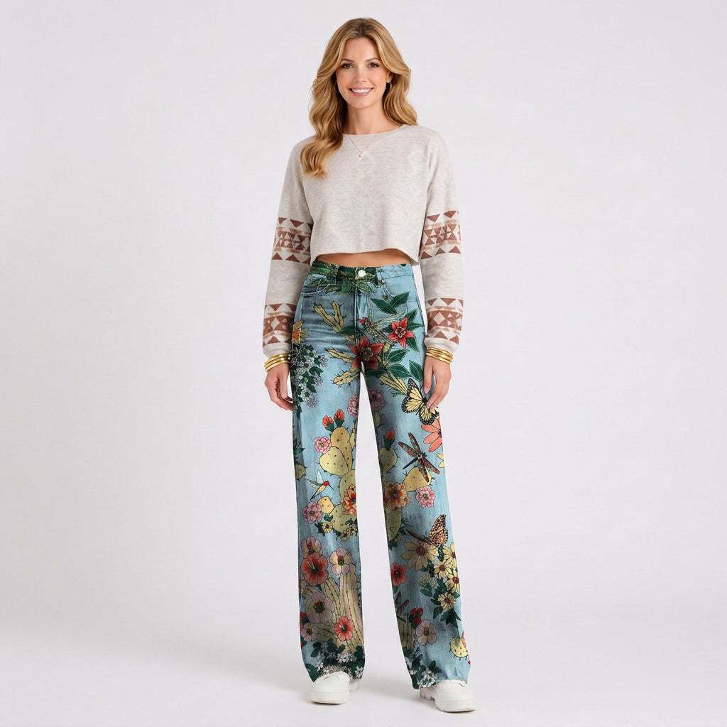Retro Floral Wide Leg Jeans
