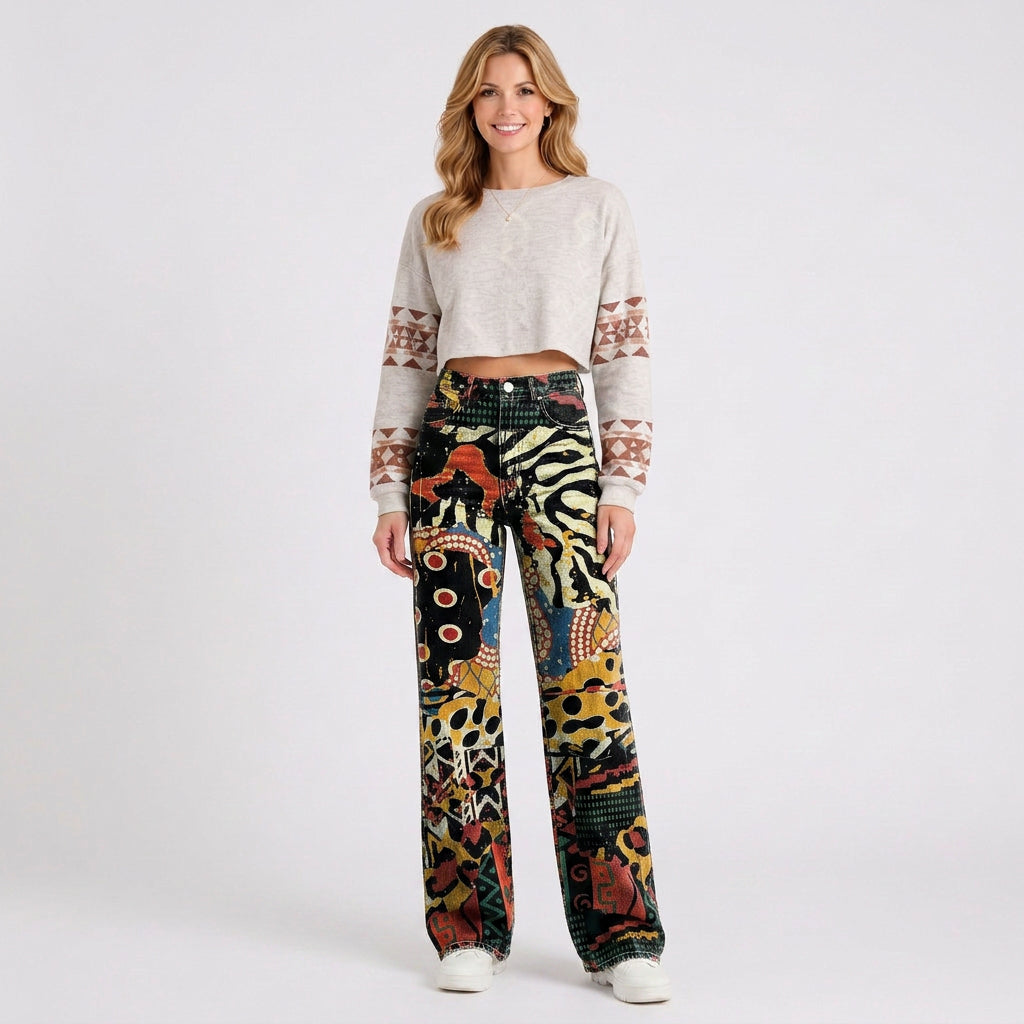 Retro Floral Wide Leg Jeans