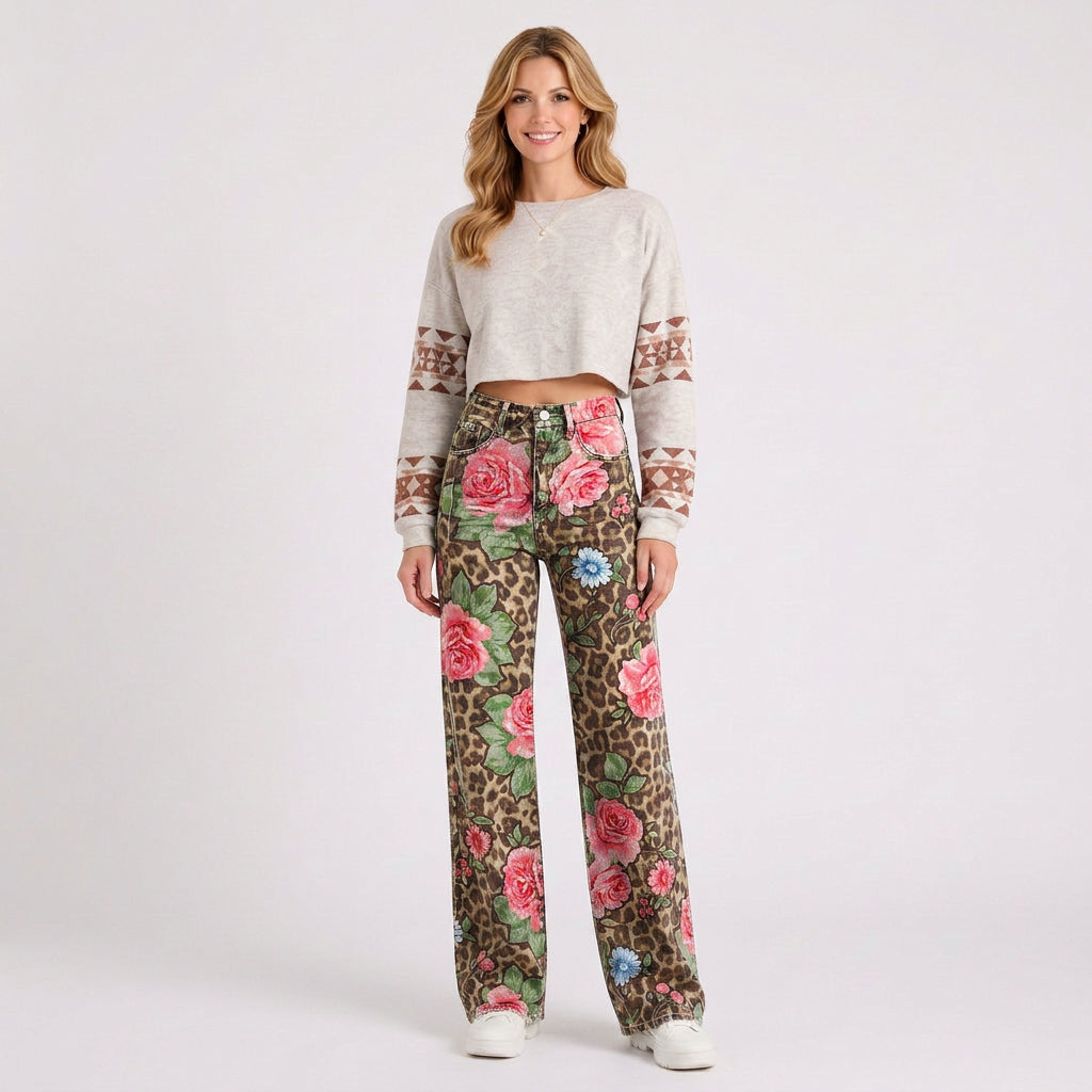 Retro Floral Wide Leg Jeans
