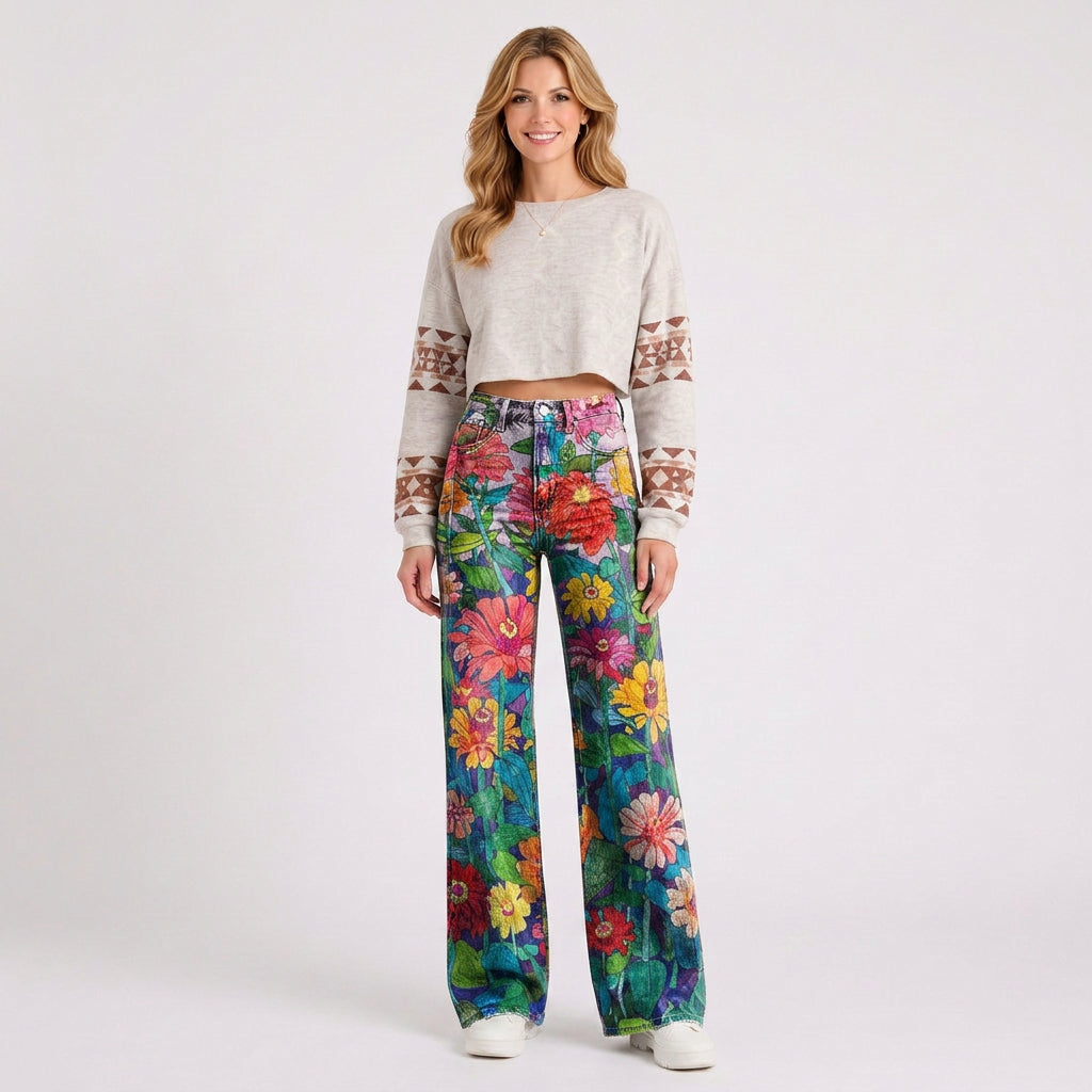 Retro Floral Wide Leg Jeans