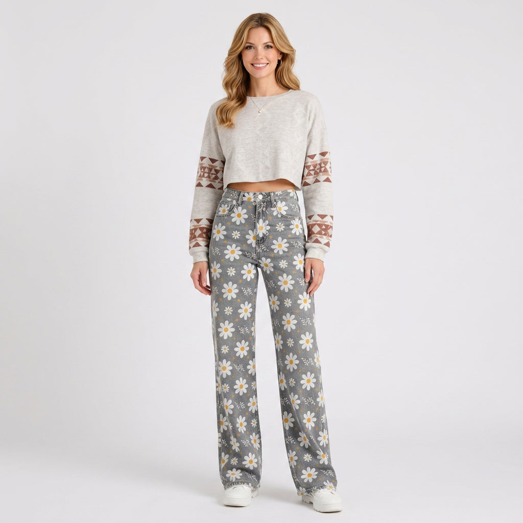 Retro Floral Wide Leg Jeans