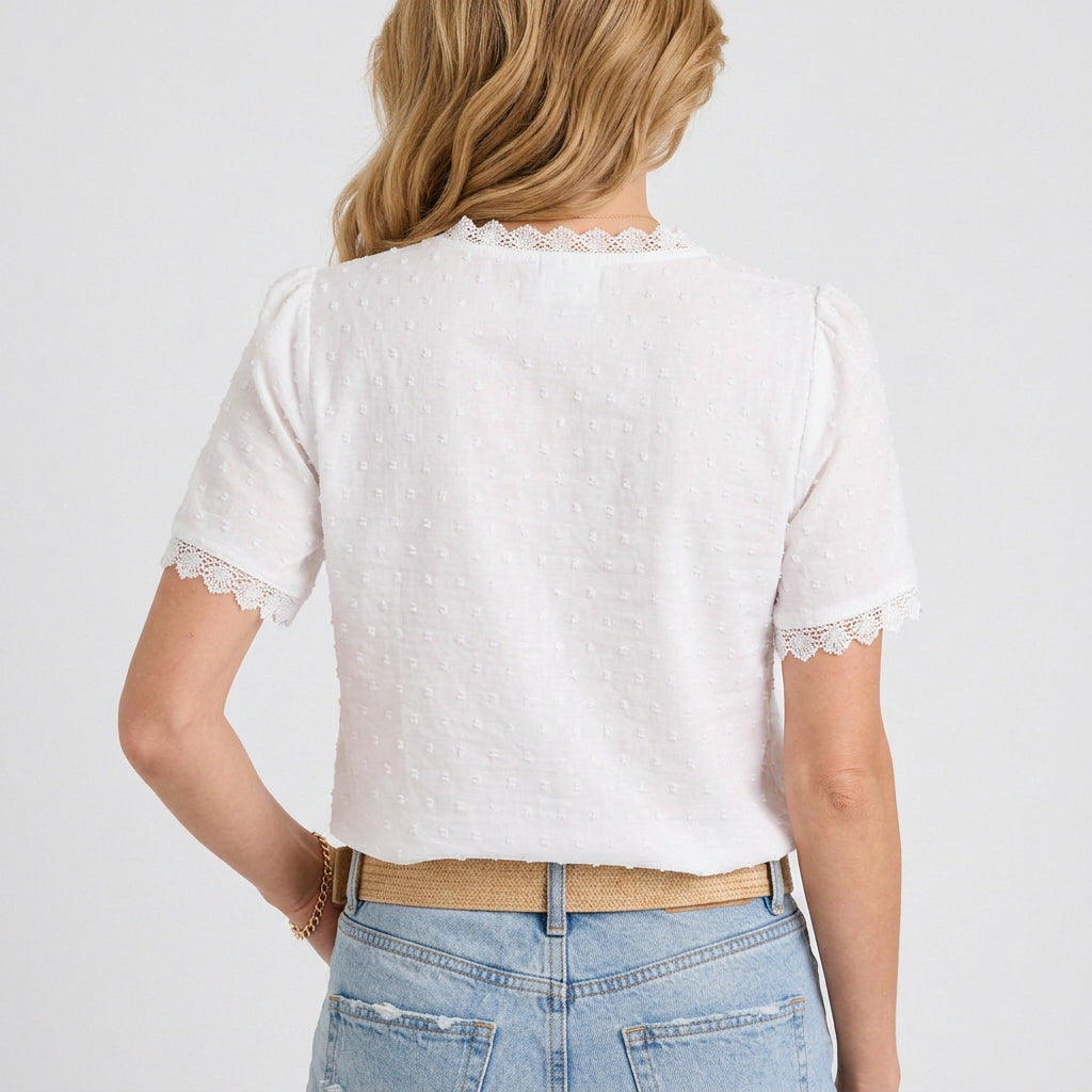 Lace Trim Swiss Dot Blouse