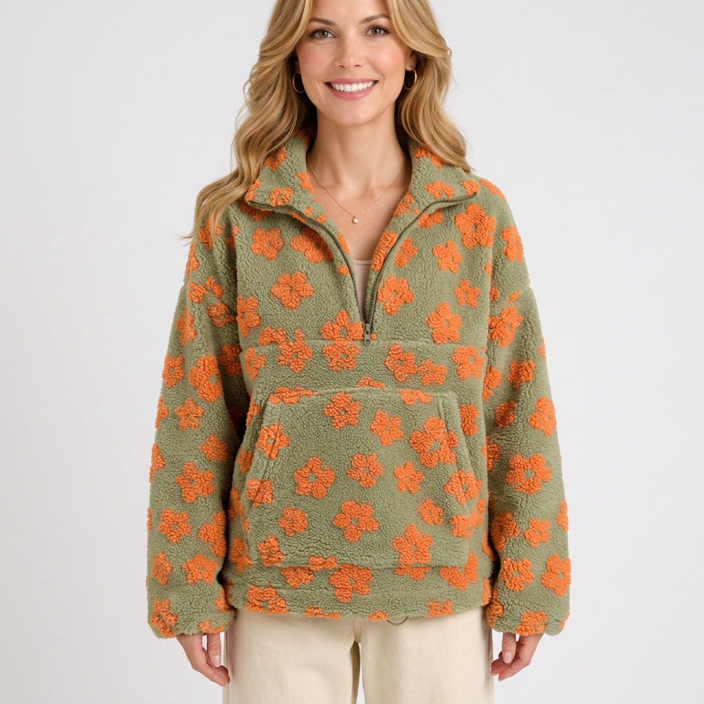 Floral Teddy Fleece Half-Zip Pullover