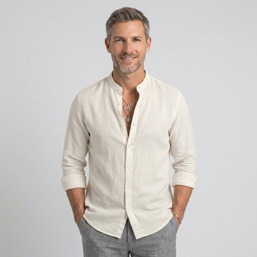 Men’s Mandarin Collar Linen Shirt