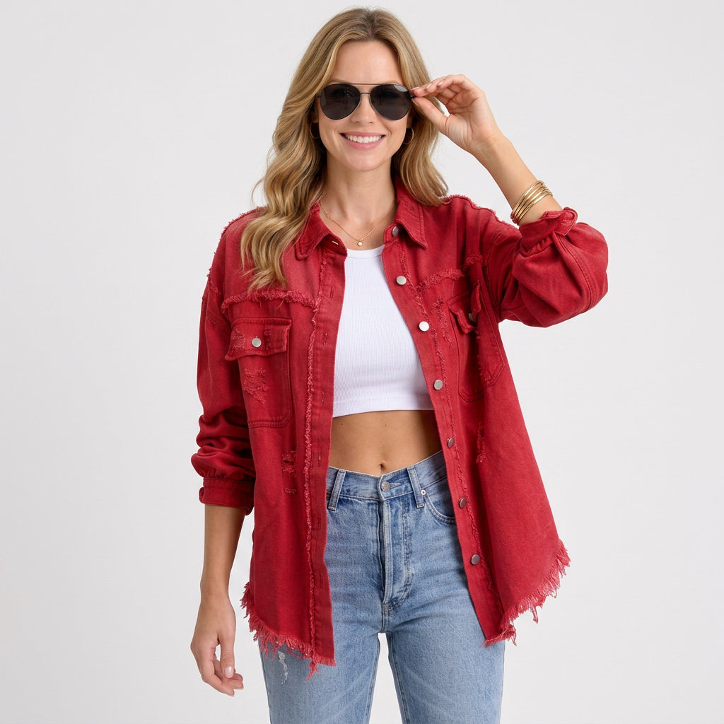 Distressed Oversized Denim Shirt Jacket
