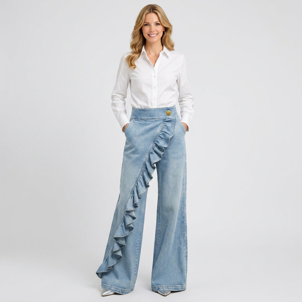 Asymmetric Ruffle Wide Leg Denim Trousers