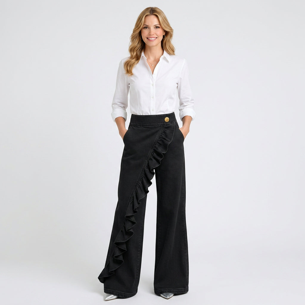 Asymmetric Ruffle Wide Leg Denim Trousers