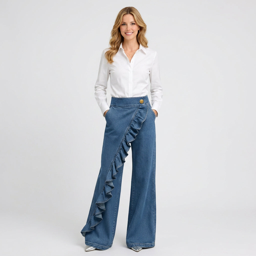 Asymmetric Ruffle Wide Leg Denim Trousers
