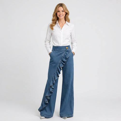 Asymmetric Ruffle Wide Leg Denim Trousers