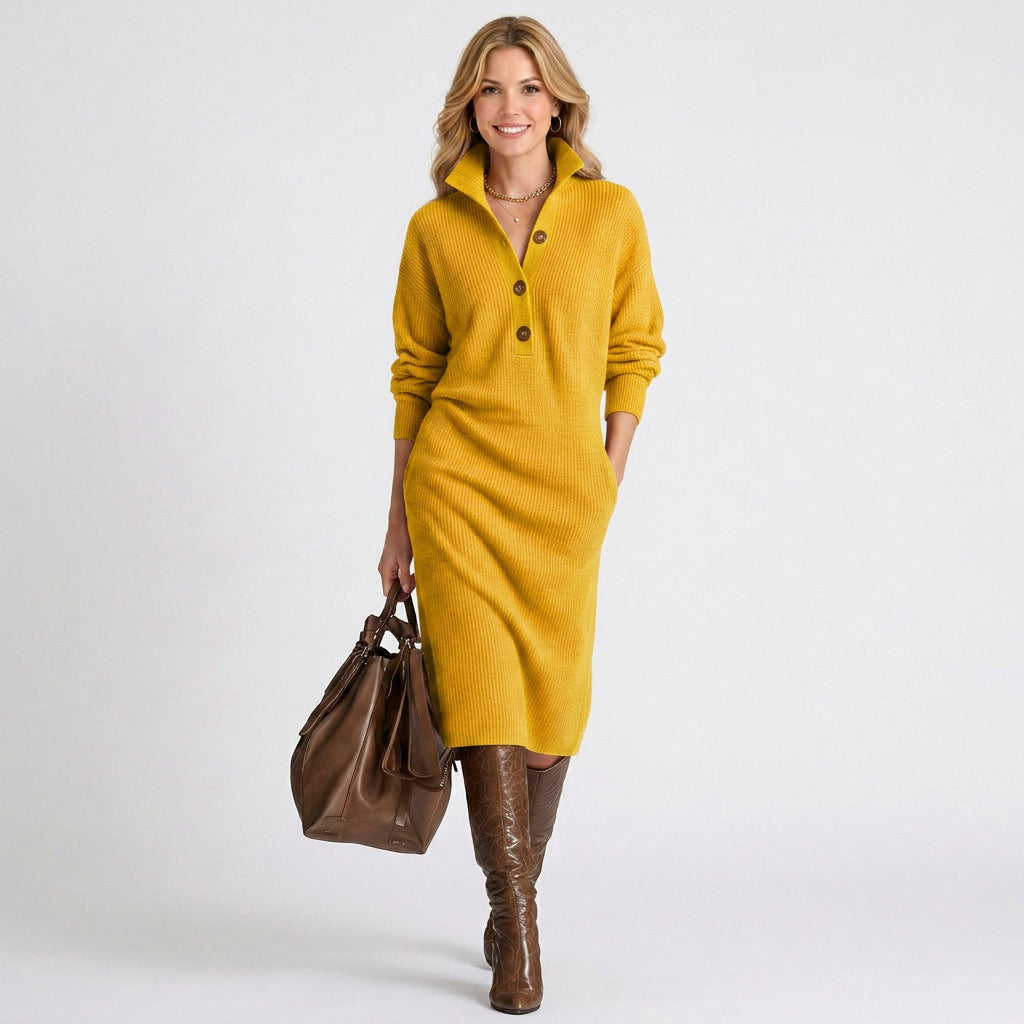Ribbed Knit Button Collar Sweater Dress