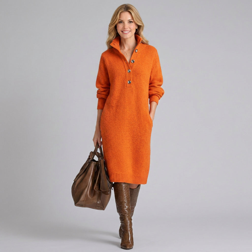 Ribbed Knit Button Collar Sweater Dress
