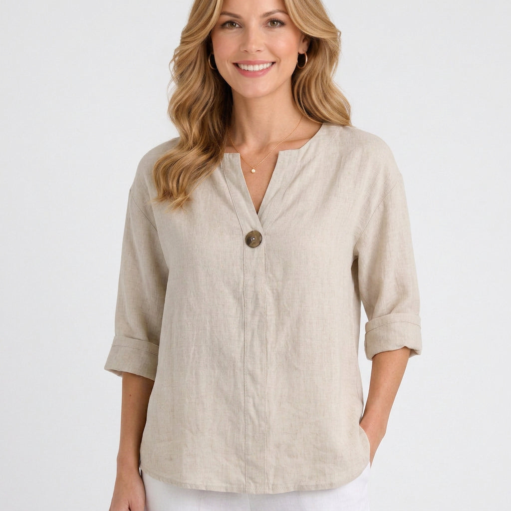 Relaxed Linen Button Front Blouse