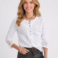 Embroidered Button Placket Long Sleeve Blouse