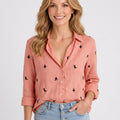 Bird Print Linen Button Front Blouse