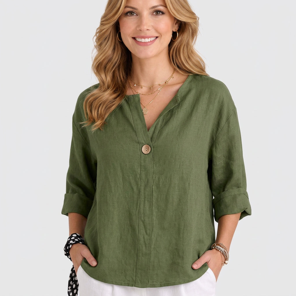 Relaxed Linen Button Front Blouse