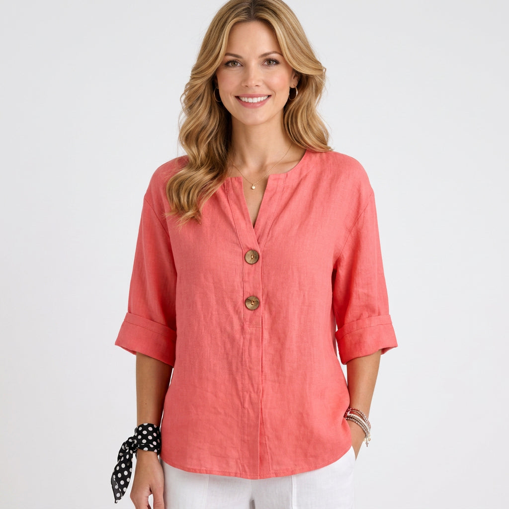 Relaxed Linen Button Front Blouse