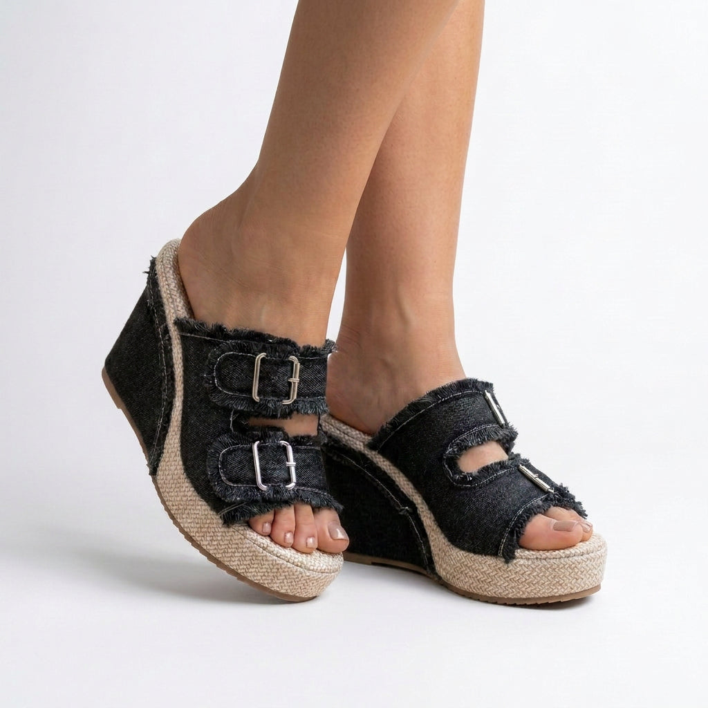 Frayed Denim Buckle Wedge Slide Sandals
